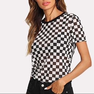 Semi Sheer Checker Round Neck T-Shirt
